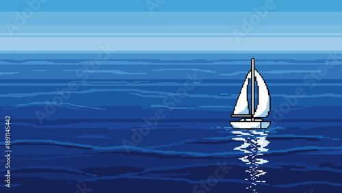 Pixel Art Retro pixel art sailboat on ocean with blue waves and clear sky