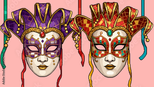 Pixel Art Intricate venetian carnival masks with rich jewel tones and elegant detailing