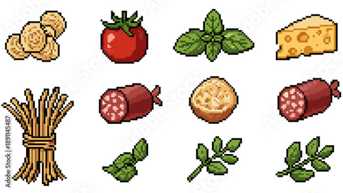 Pixel art ingredients: italian cuisine symbols