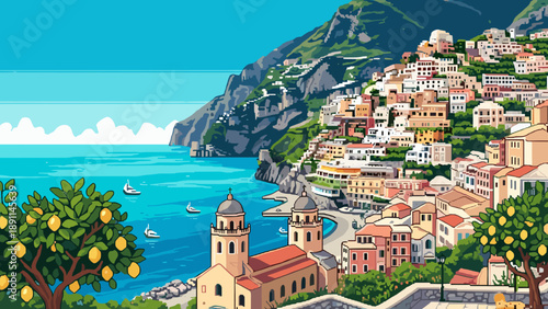 Pixel Art Colorful coastal village scenery with mediterranean architecture in pixel style