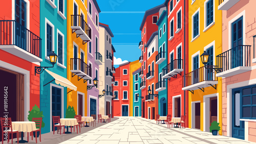 Pixel Art Colorful european street scene with vibrant buildings and outdoor cafes