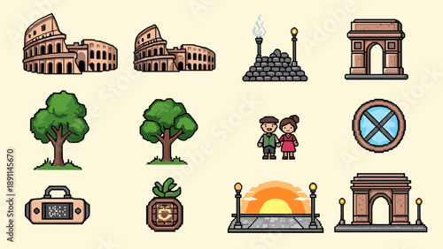 Pixel art travel icons: colosseum, arch, tree, sunset, diverse elements