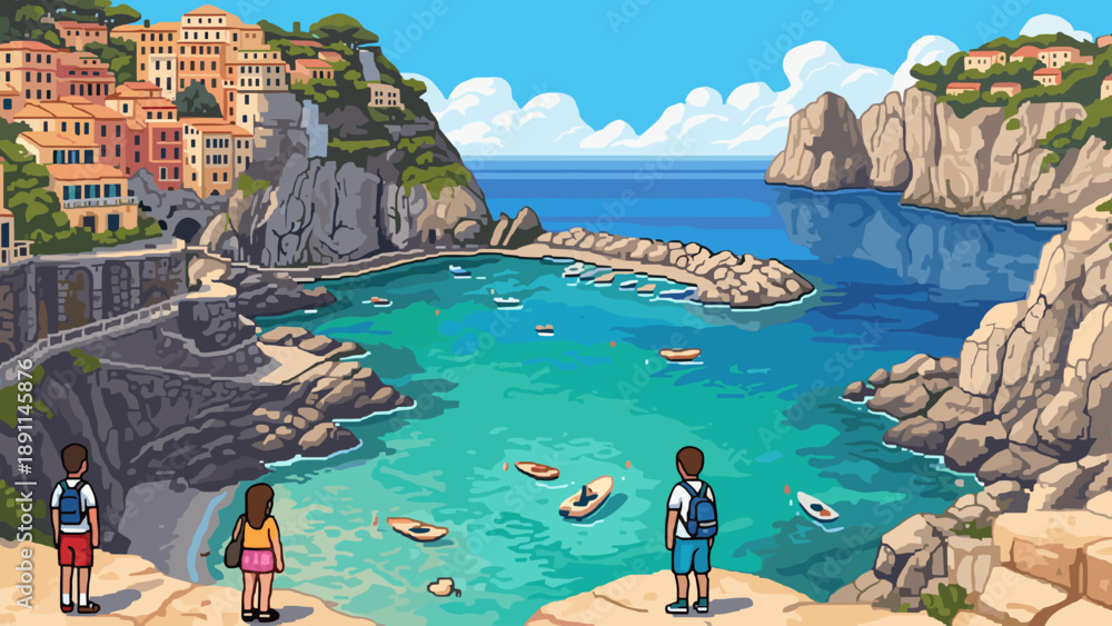 Obraz premium Pixel Art Picturesque coastal view with boats and cliffs in pixel art style