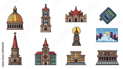 Pixel art city landmarks and skyline with cloudy sunset