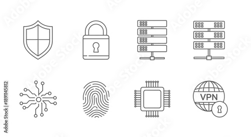 Data security icons shield lock servers fingerprint processor and vpn