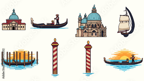 Pixel Art Venice icons: gondolas, landmarks, and maritime symbols in retro pixel art style