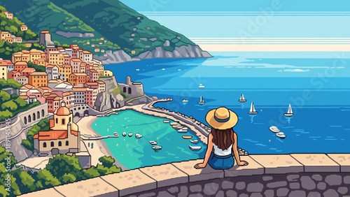 Pixel Art Serene coastal town view with woman in sun hat overlooking the sea in pixel art