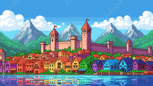 Pixel Art Colorful medieval castle and village by the lake with mountain background in pixel art style