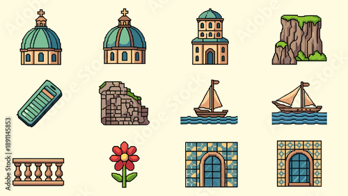Pixel Art Charming pixel art icons: travel, architecture, and nature elements