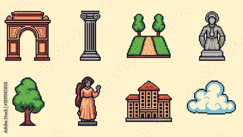Pixel art architecture and nature icons: retro landmarks and garden elements
