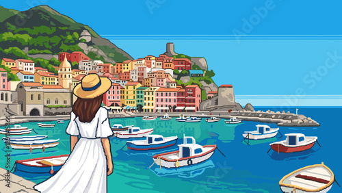 Pixel Art Charming coastal town in vibrant pixel art with boats and seaside ambiance