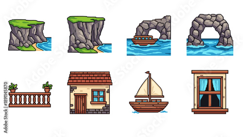 Pixel art coastal scenery and architectural elements with boat and balcony