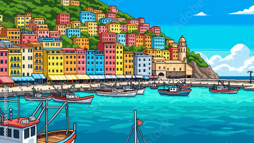 Pixel Art Vibrant coastal town with colorful houses and boats in pixel art style