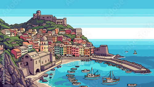 Pixel Art Colorful coastal town with boats and hillside architecture