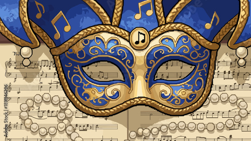 Pixel Art Elegant blue and gold masquerade mask on vintage sheet music with pearls