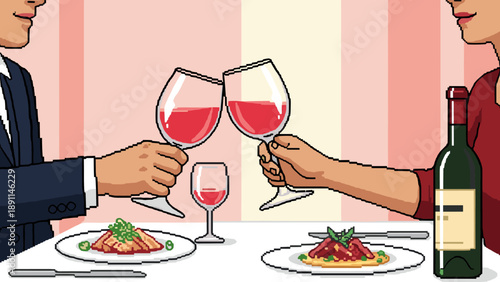 Pixel Art Romantic dinner for two pixel art showing wine toast and pasta