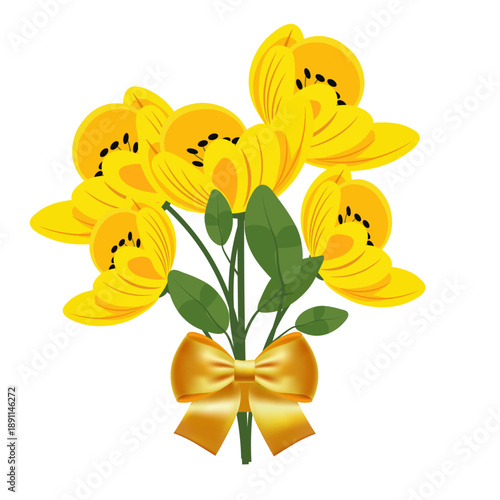 A bouquet of yellow flowers with a bow without a background