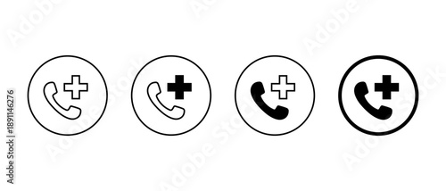 Medical emergency call icon set in circular outline. Phone and health cross symbol. Healthcare telephone contact sign