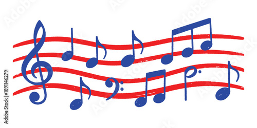 Blue musical notes on red wavy lines isolated on white background