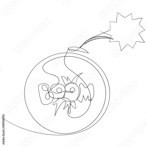 Bomb continuous one line drawing. Hand drawn one line vector. Editable stroke Bomb with burning fuse in one Continuous line drawing Bomb one line art hand drawn military supply
