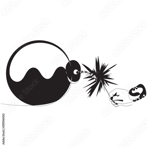 Bomb continuous one line drawing. Hand drawn one line vector. Editable stroke Bomb with burning fuse in one Continuous line drawing Bomb one line art hand drawn military supply