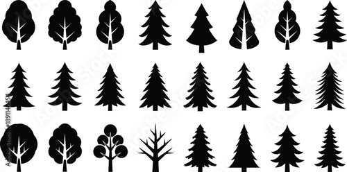 Set of black tree icons and forest silhouettes including pine fir oak and deciduous species isolated on a white background