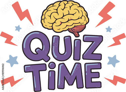 Cartoon quiz time design with brain lightning and stars