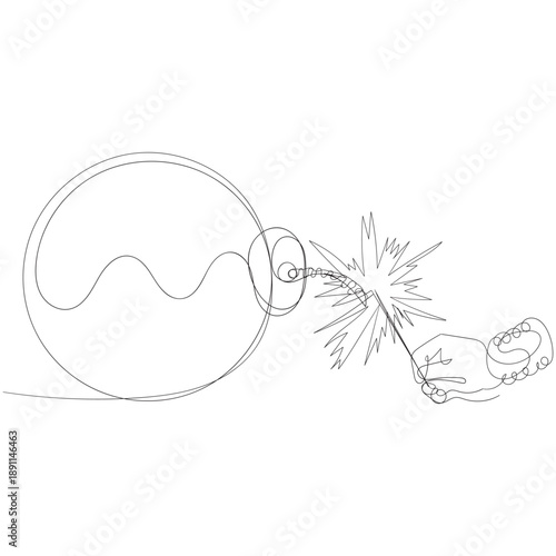 Bomb continuous one line drawing. Hand drawn one line vector. Editable stroke Bomb with burning fuse in one Continuous line drawing Bomb one line art hand drawn military supply