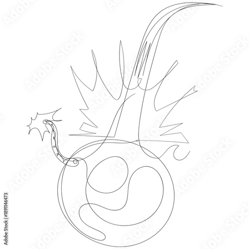 Bomb continuous one line drawing. Hand drawn one line vector. Editable stroke Bomb with burning fuse in one Continuous line drawing Bomb one line art hand drawn military supply