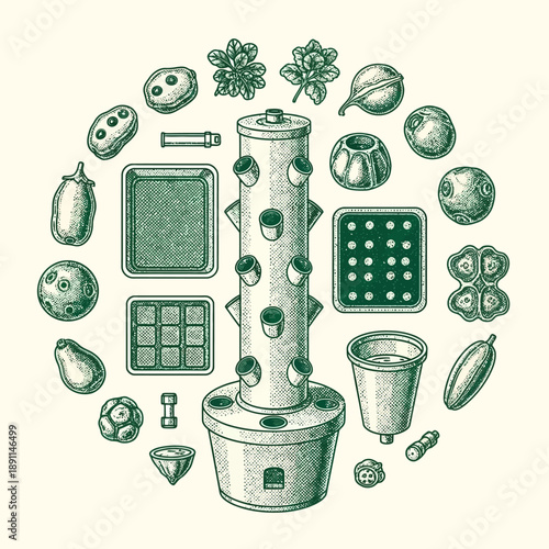 Vector illustration of a hydroponic growing system with a central tower surrounded by various plant pods, fruits, and vegetables, showcasing modern agriculture