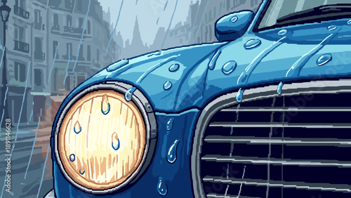 Pixel Art Vintage blue car in rainy city street with raindrops on headlight