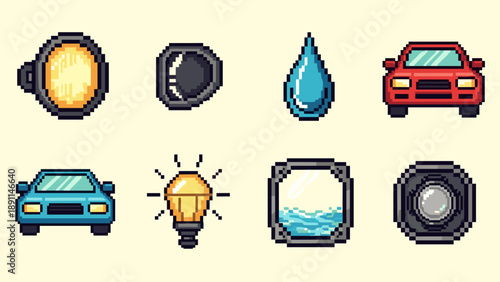 Pixel art icon set: retro vehicles, water drop, light bulb, camera lens