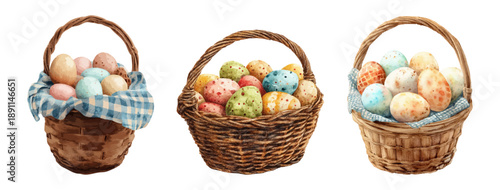 Collection of vintage Easter egg baskets in watercolor style. Rustic spring basket with Easter eggs. Perfect for banners, invitations and seasonal greeting cards.