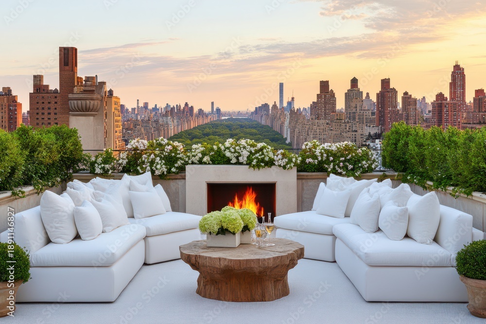 Fototapeta premium Urban Oasis: A luxurious rooftop terrace overlooks a stunning cityscape. With plush seating, a crackling fireplace, and vibrant floral arrangements. A tranquil escape.