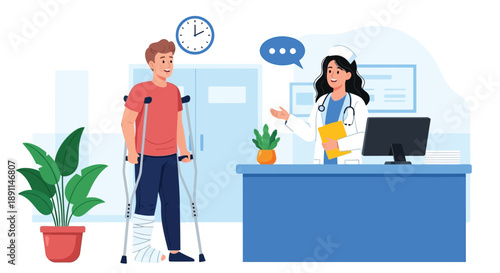 Cheerful patient on crutches talks to a female doctor at a desk. A plant and clock decorate the clinic. The scene conveys a friendly, supportive atmosphere.