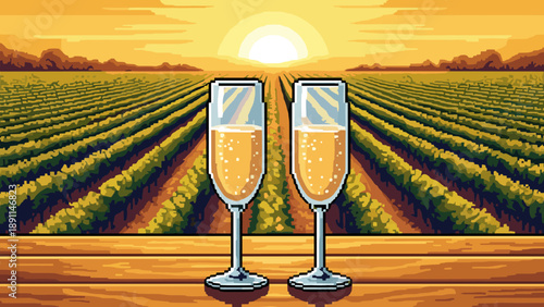 Pixel art wine glasses toasting at sunset in vineyard landscape