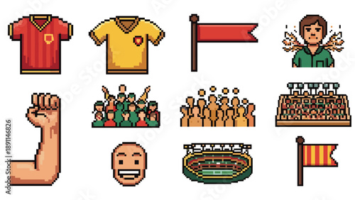 Pixel Art Retro pixel art soccer icons set: jerseys, flags, fans, and stadiums