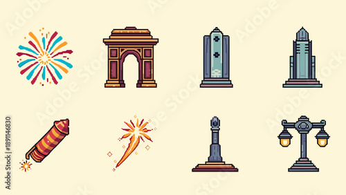 Pixel art monuments and fireworks icons for festive designs