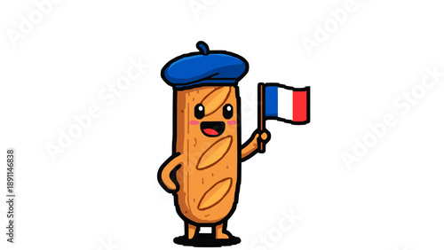 Pixel Art Cute baguette character wearing beret holding french flag cartoon style