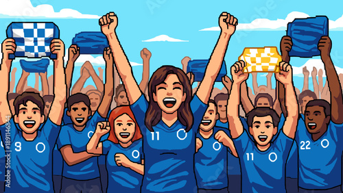 Pixel Art Excited crowd of soccer fans celebrating with raised arms in pixel art style