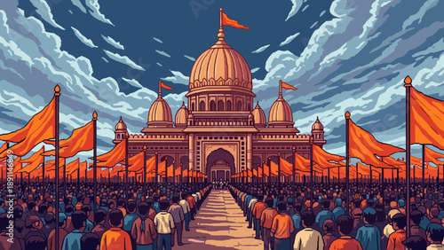 Pixel Art Grand temple gathering with orange flags amidst a vibrant sky in pixel art style