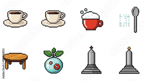 Pixel Art Retro pixel art coffee set with mugs, cups, and table decor elements