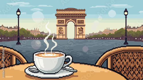 Pixel art coffee scene with steaming cup and paris landmark in background