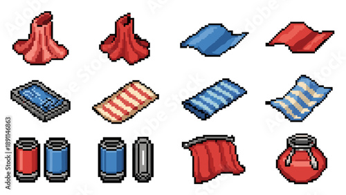 Pixel art collection of cloth and fabric elements: towels, flags, and textiles in vibrant colors