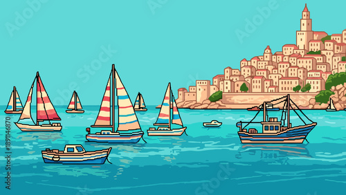 Pixel Art Colorful sailing boats by a mediterranean coastal town in pixel art style