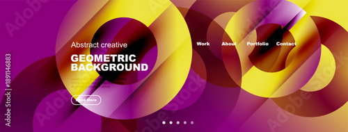 Abstract geometric background design. Vibrant colors, flowing shapes, website header elements present. Modern, dynamic visual composition.