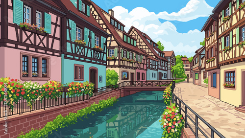 Pixel Art Charming pixel art village with colorful tudor houses by a tranquil canal