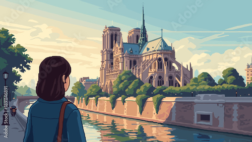 Pixel Art Woman walking along riverbank with notre dame cathedral in background