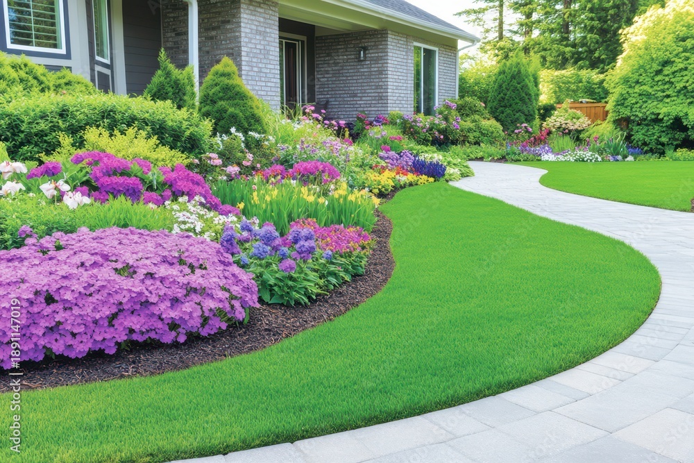 Obraz premium Garden Pathway Paradise: A meticulously manicured garden pathway curves gracefully, framed by vibrant, colorful flowers and lush greenery, leading to a charming house.