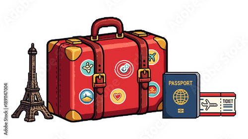 Pixel Art Pixel style travel essentials: red suitcase, passport, tickets, eiffel tower souvenir